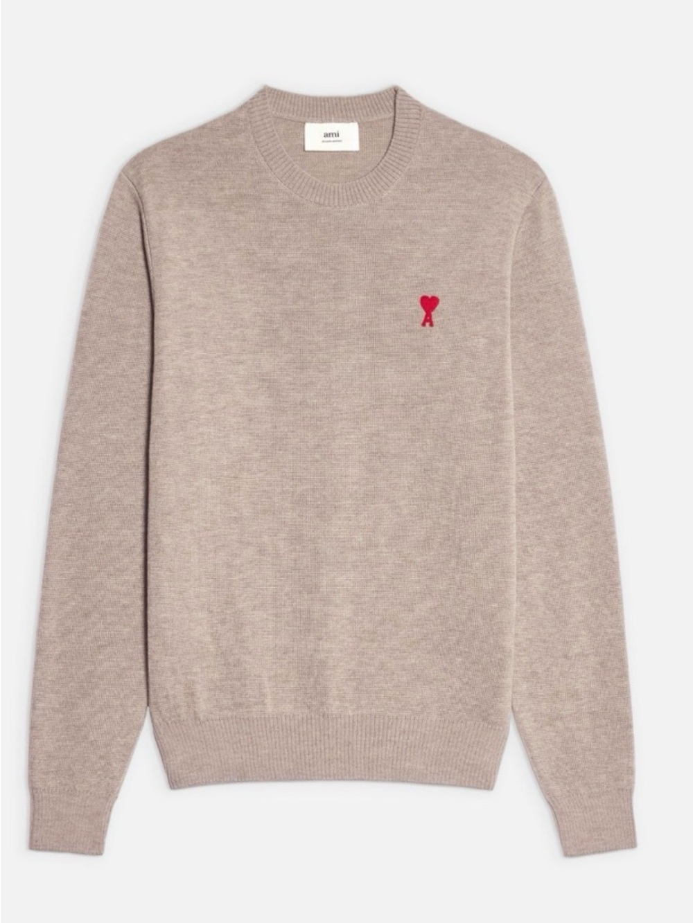 AMI Paris Beige Crewneck Knit Sweater with Red Heart Logo size Medium